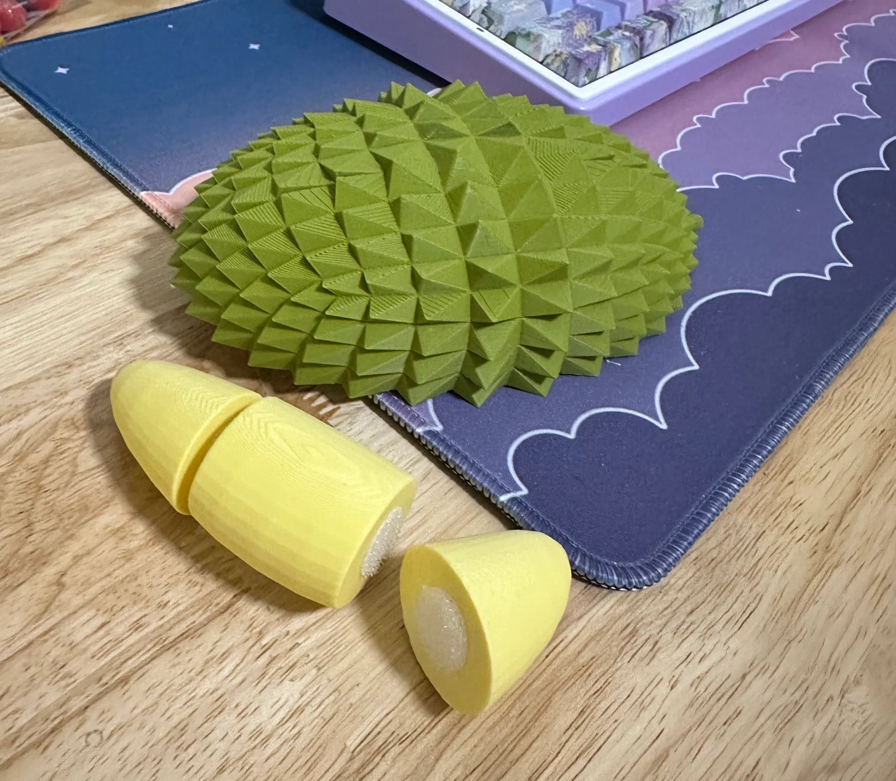 image of the assembled 3d durian toy, with view of outside